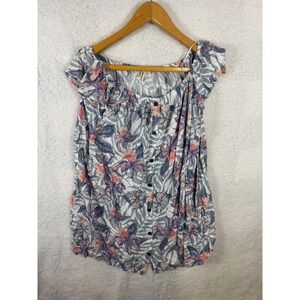 Rip‎ Curl XS Button Up Top Tropical Floral Print White Blue Bohemian Blouse